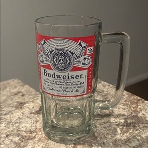 Vintage Budweiser Glass Mug with Red and Blue Label H 8 in Diameter 4 in wt 2.5#